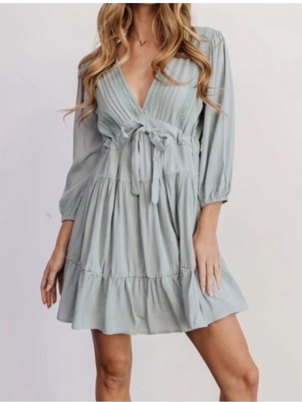 Baltic Born Amelia Boho Mini Dress Sage Green Pleated V-Neck Size M